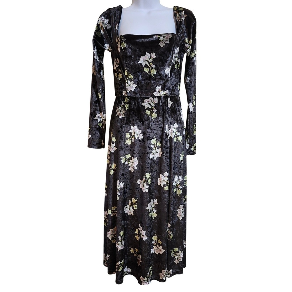 Hutch Velvet Floral Square Neck Long Sleeve Midi Dress Black Size Small Milkmaid